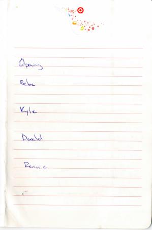 Handwritten rehearsal notes for No Boundaries performance